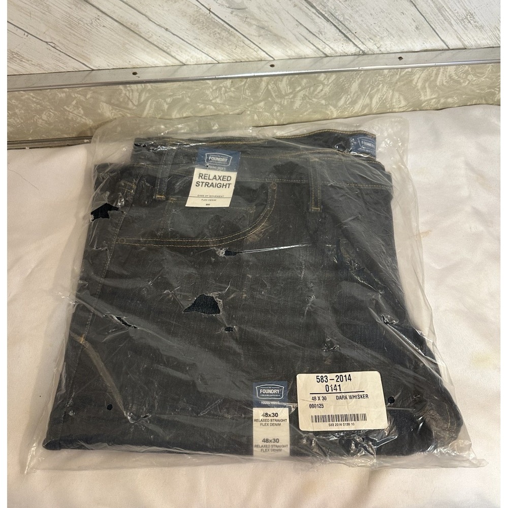 The Foundry Big & Tall Relaxed Straight Flex Denim Jeans 48x30 Dark Whisker NWT